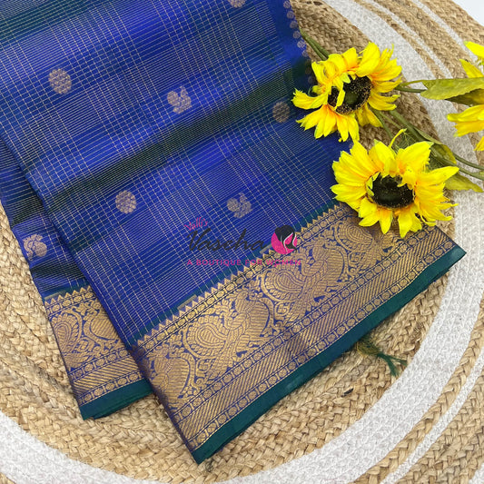 Pure Silk Cotton Saree - Vairavoosi checks - Mayil & Chakkaram - Peacock Blue Shade - VVMCV001