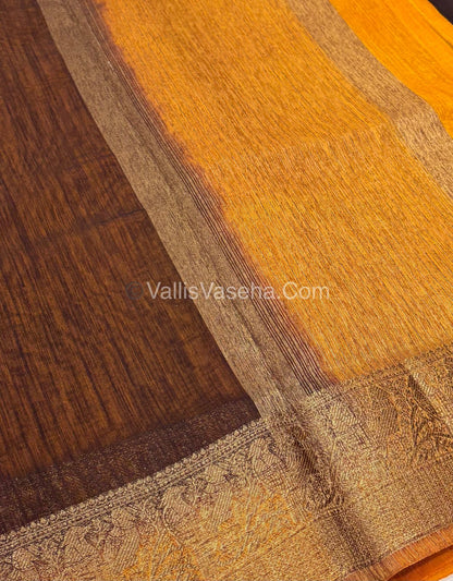 Bamboo Silk Saree - Coffee Brown With Yellow Shade - VVBSS005
