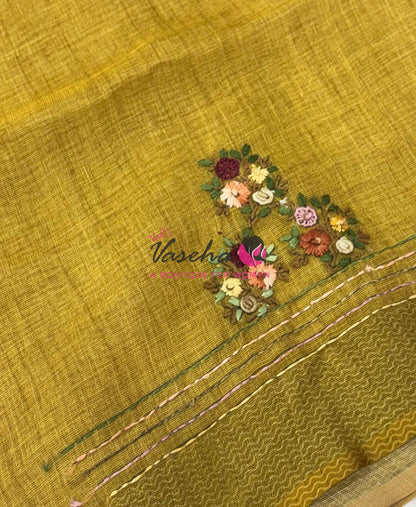 French Knot - Linen Tissue Saree - Mustard Yellow Shade - VVLFN017