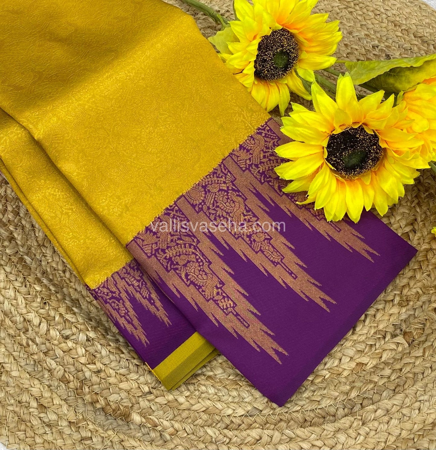 Kanchi Semi Silk - Yellow With Purple - Temple Border  - VVKSS001