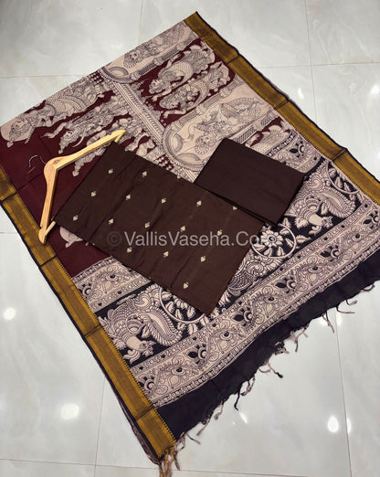 Unstitched Salwar Material -Raw Silk - Brown Shade & Nizam Border Duppatta - VVUSM010