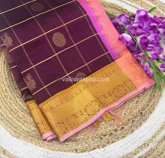 Pure Silk Cotton Saree - Mayil & Chakkaram Design - Brownish Wine With Peach Shade - VVMC001