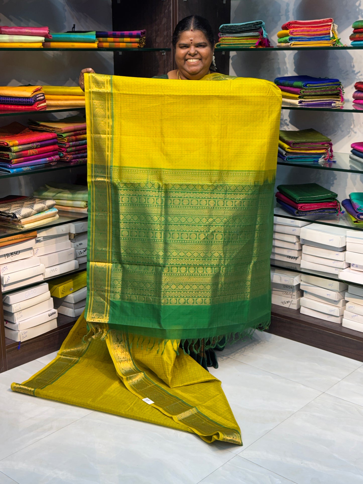 Pure Silk Cotton Saree - Yellow with Green - Lakshadeepam Design - VVPLD001