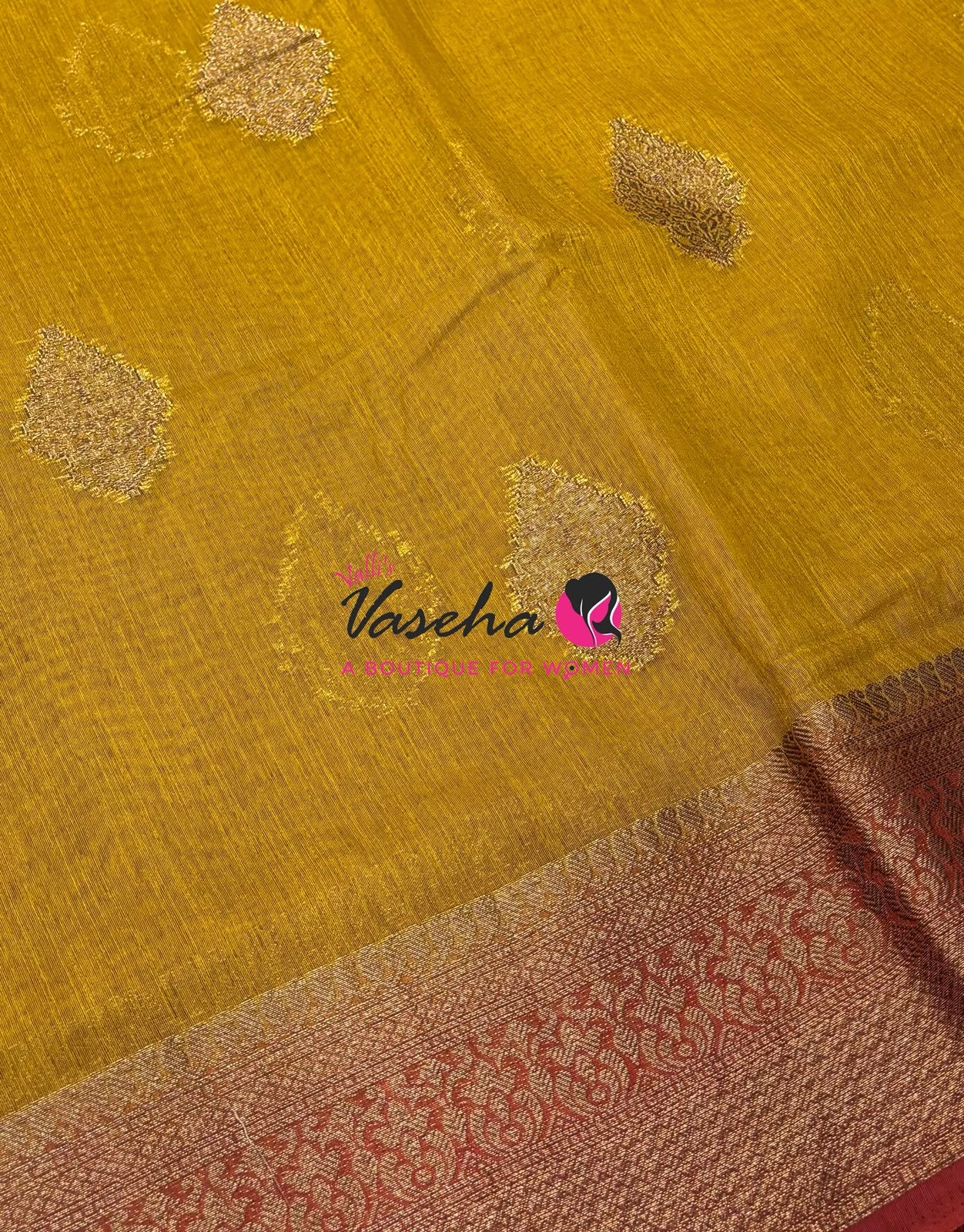 Bamboo Silk Saree - Mustard Yellow with Red - VVBSS018