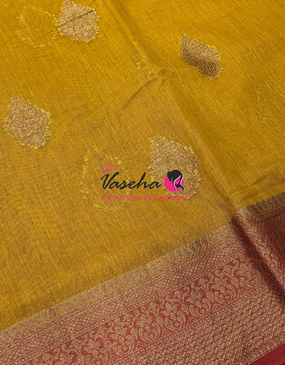 Bamboo Silk Saree - Mustard Yellow with Red - VVBSS018