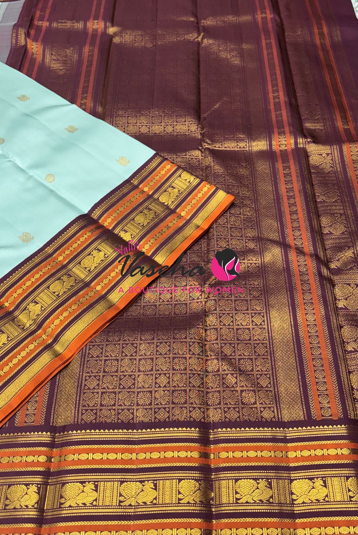 Pure Vintage Korvai Kanchipuram Silk Saree - Light Blue With Wine Brown - VVPS099