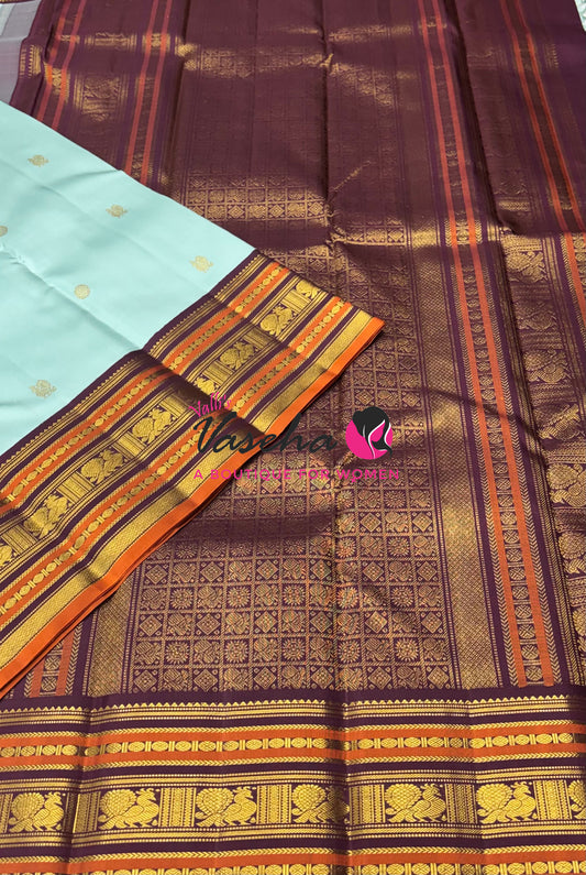 Pure Vintage Korvai Kanchipuram Silk Saree - Light Blue With Wine Brown - VVPS099