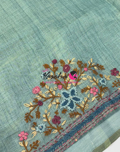 French Knot - Linen Tissue Saree  - Heavy Work Blouse - VVLFN020
