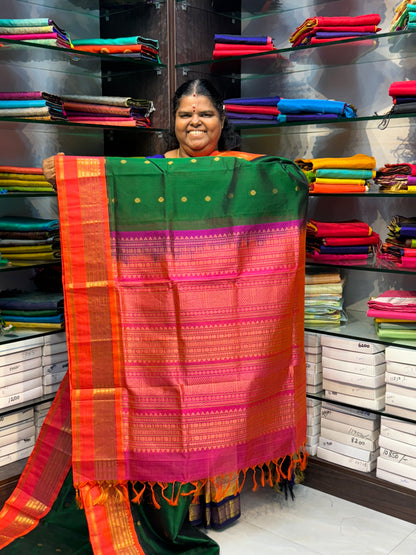 Pure Korvai Silk Cotton Saree - Green with Peachish Pink - Retta Petta border - VVKSC004