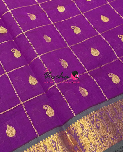 Semi Silk Cotton Saree - Checked Pattern with Butta  - VVSSC013