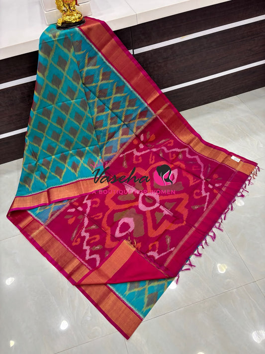 Pochampally Silk Cotton Saree - Blue & Pink Shade - VVPPS001