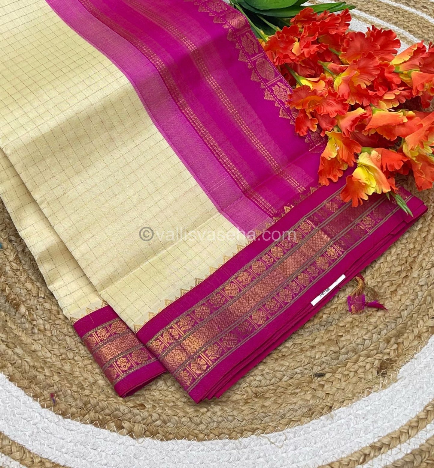 Pure Korvai Silk Cotton - Retta Petta Border - Cream( Half White )with Pink Combo - VVKSC010