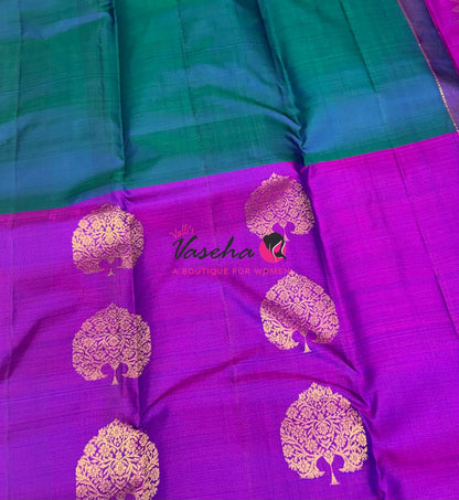 Pure Kanchipuram Silk Saree - Half & Half - Double Tone Peacock Blue with Purplish Pink Shade - VVPS064