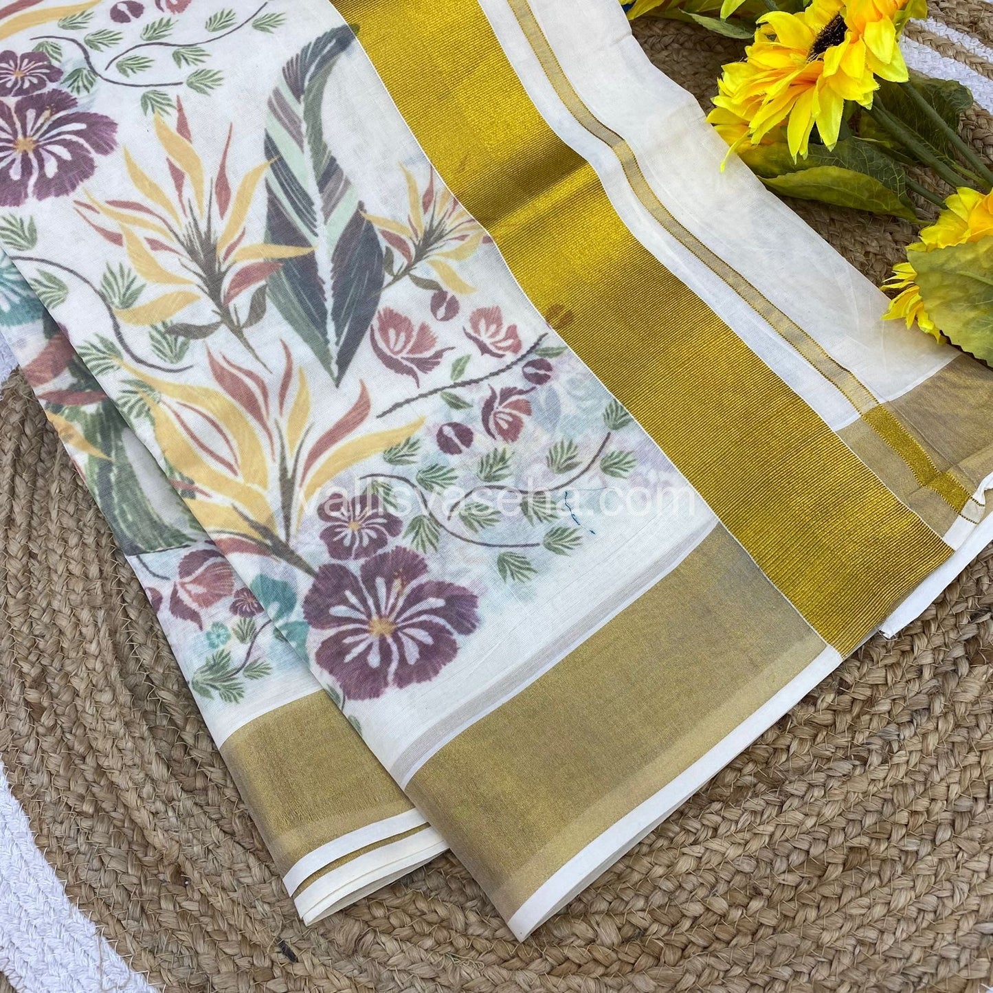 Kerala Cotton Saree - Cream With Golden Border - VVKCS001