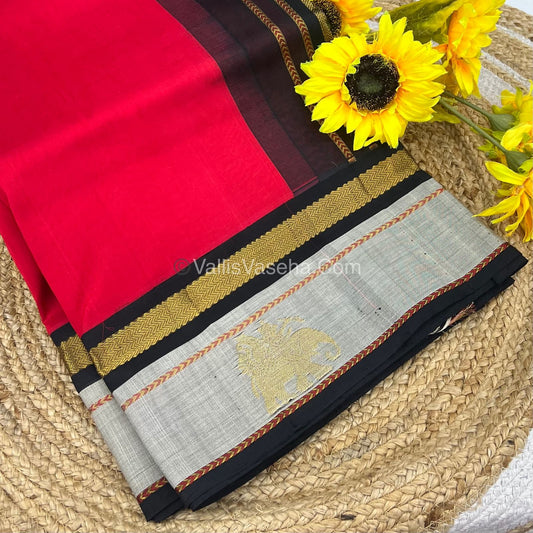 Pure Korvai Silk Cotton Saree - Border Elephant butta Design - VVKSC018
