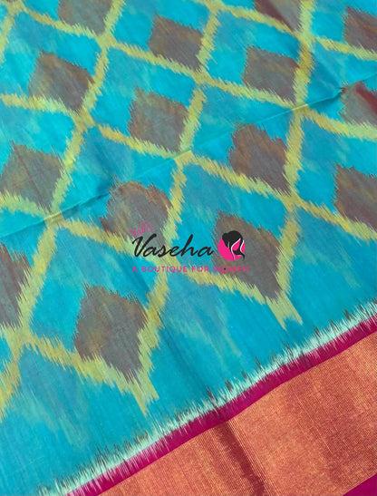 Pochampally Silk Cotton Saree - Blue & Pink Shade - VVPPS001