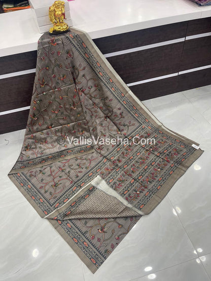 Semi Tussar - Kantha Work Embroidery - Grey Shade - VVSTK001