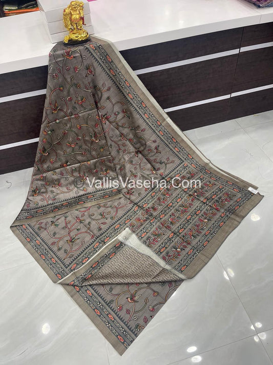 Semi Tussar - Kantha Work Embroidery - Grey Shade - VVSTK001