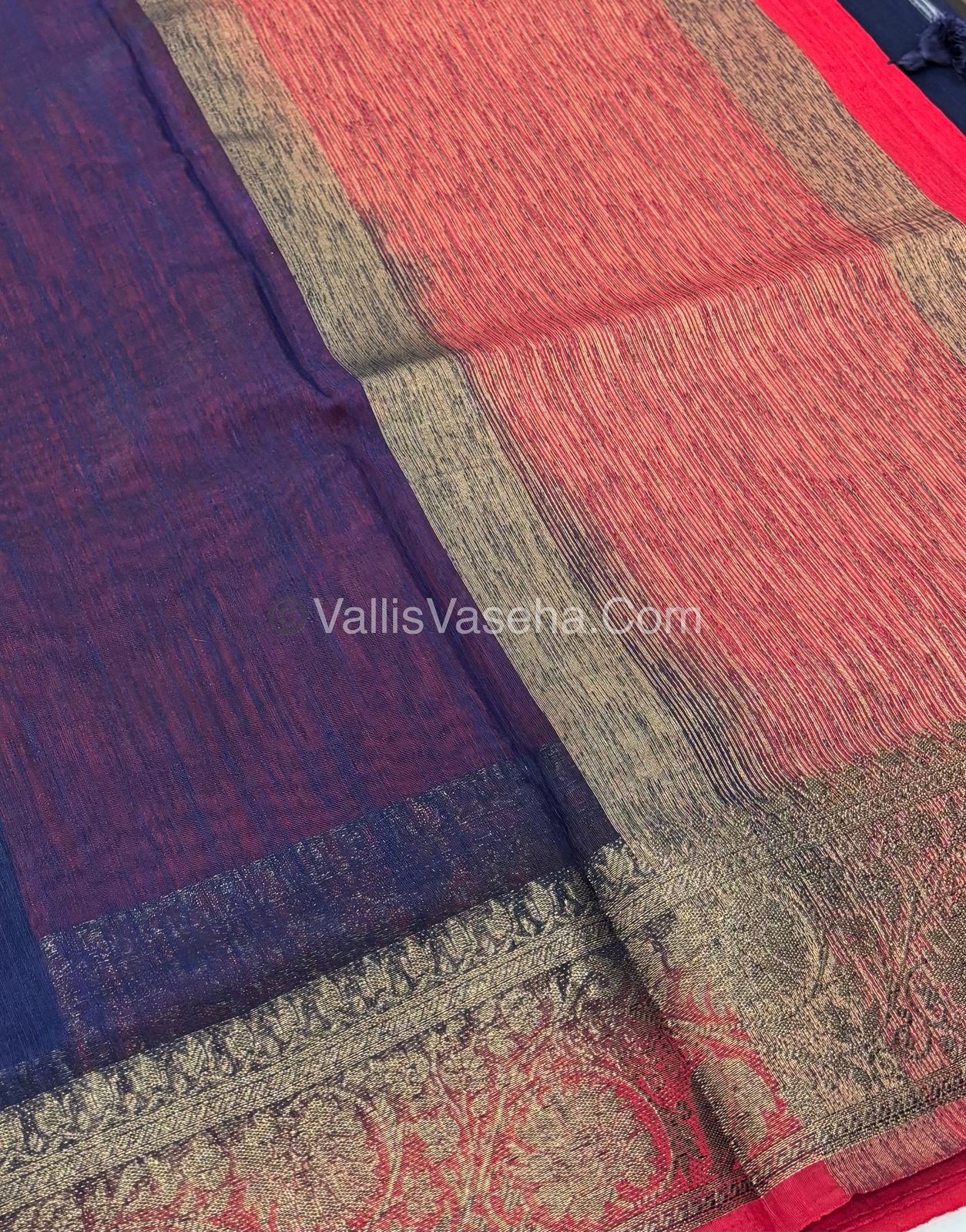Bamboo Silk Saree - Blue With Red  Shade - VVBSS007