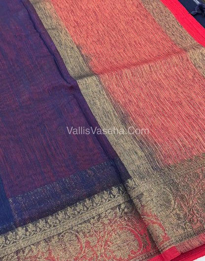 Bamboo Silk Saree - Blue With Red  Shade - VVBSS007