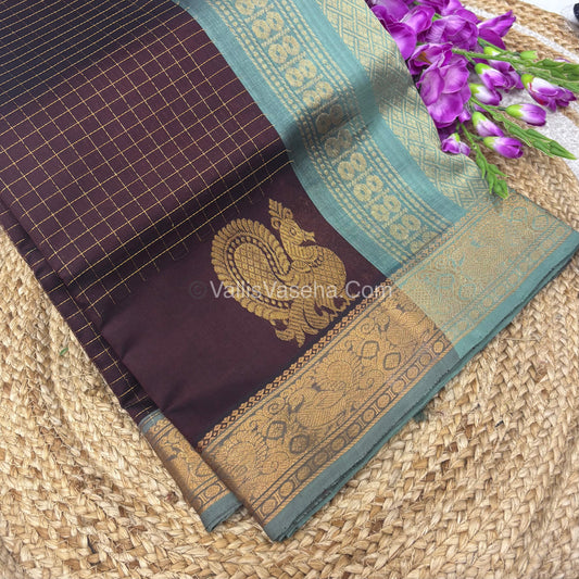 Pure Korvai Silk Cotton - Checks Pattern - Brown  With Grey Shade  - VVKSC034