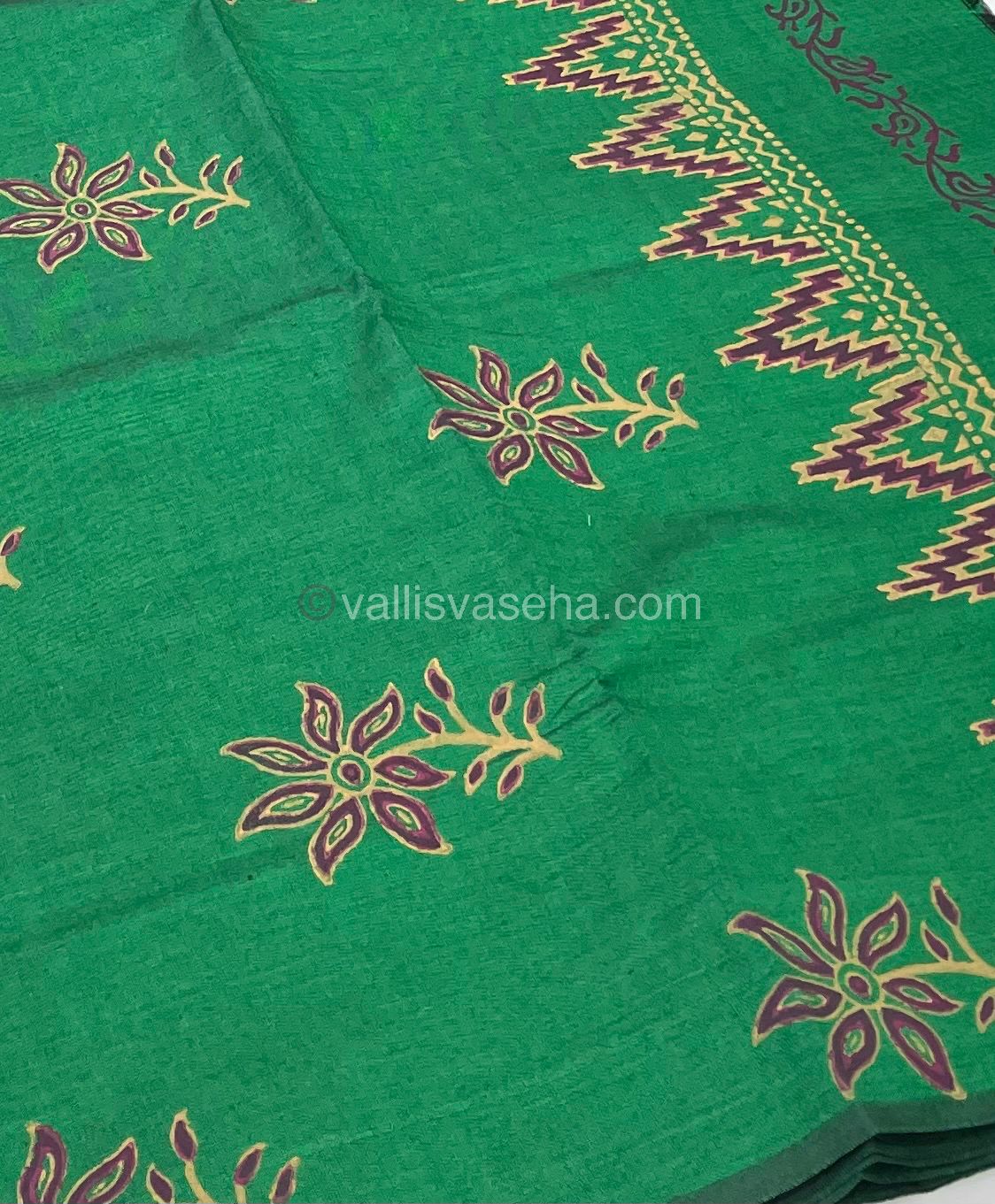 Poly Silk Mixed Printed Cotton - Green With Pink - VVPCP002