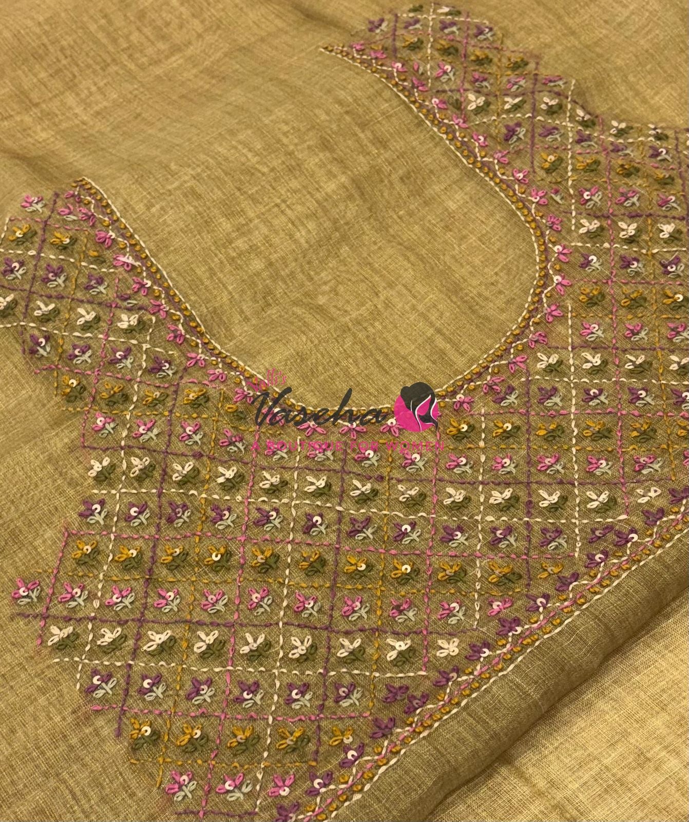 French Knot - Linen Tissue Saree - Mustard Green Shade - Heavy Work Blouse - VVLFN016