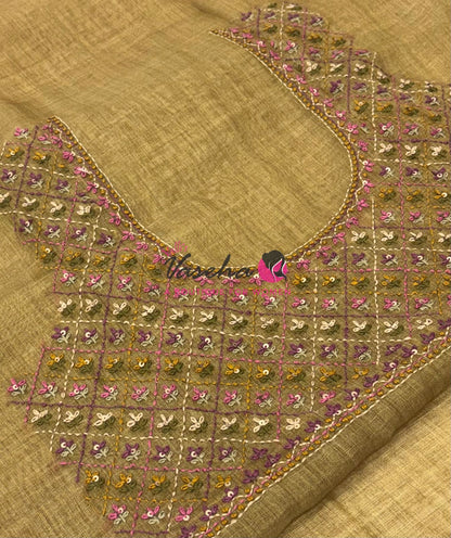 French Knot - Linen Tissue Saree - Mustard Green Shade - Heavy Work Blouse - VVLFN016