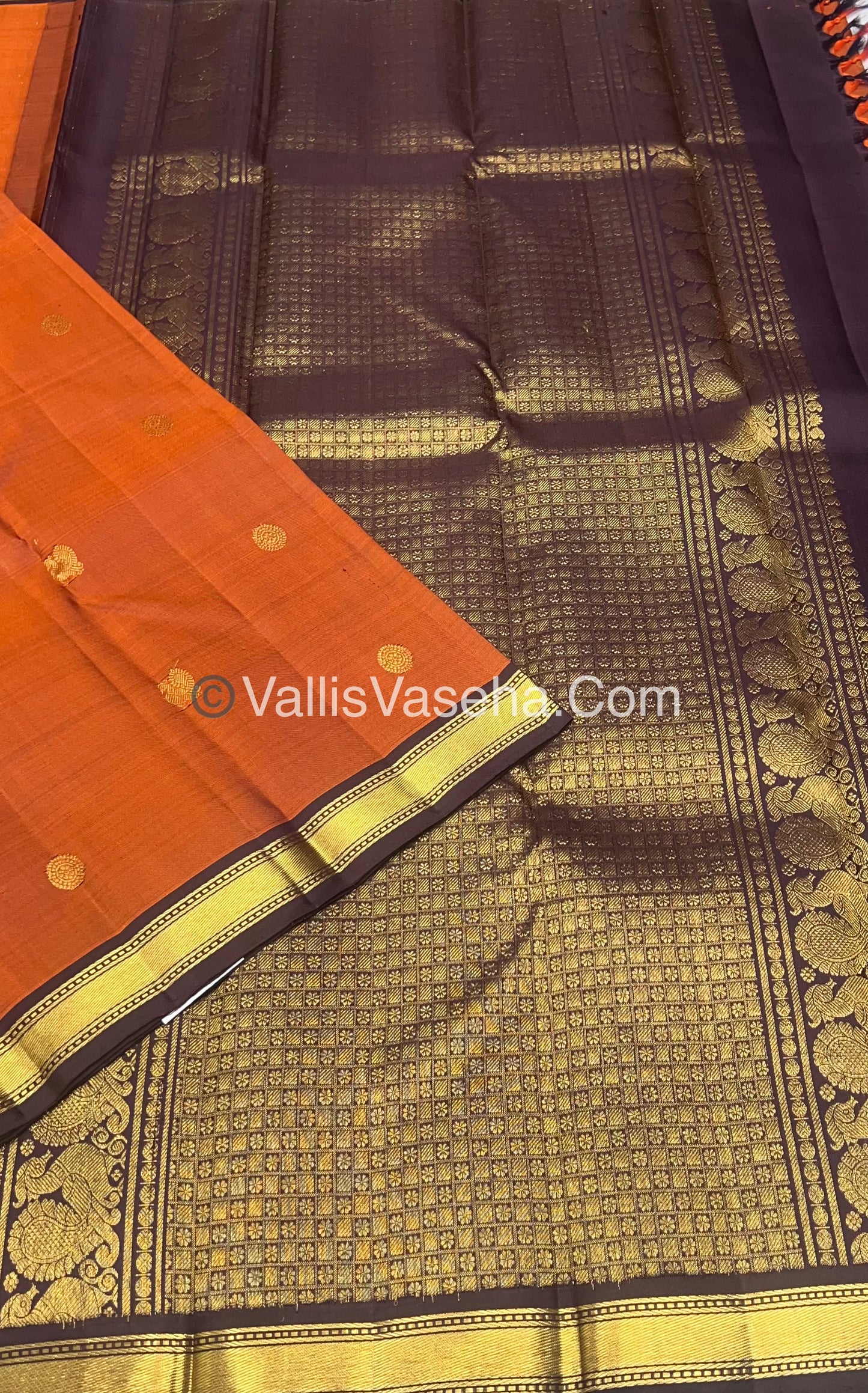 Pure Kanchipuram Silk Saree - Rust Orange & Wine Brown Combo - VVPS021