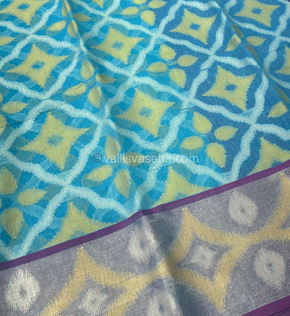 Banarasi Pochampally Weaving Semi Soft Cotton Saree - Light blue with purple - VVBPS001