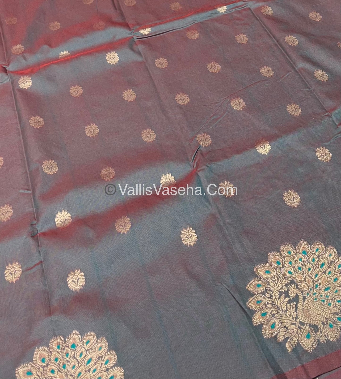 Semi Soft Silk - Peacock Butta Border - Greenish Grey Shade -VVSSS011