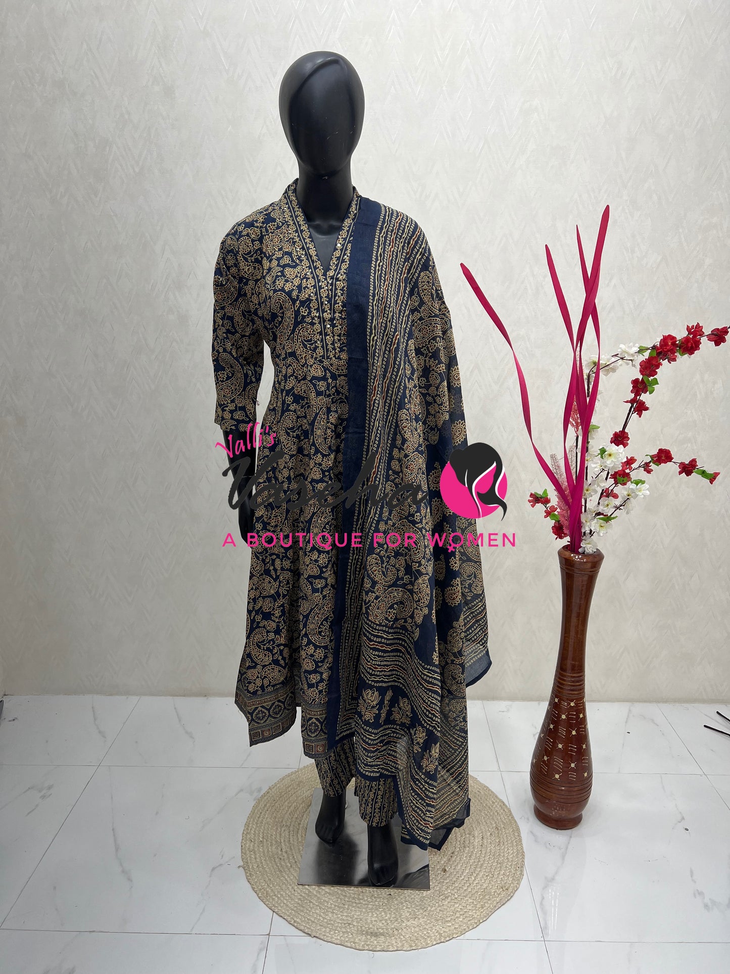 Ready Made | Anarkali - Ajrakh Print |Salwar, Kameez & Duppatta(3pc)|Cotton |Blue  - VVAS009