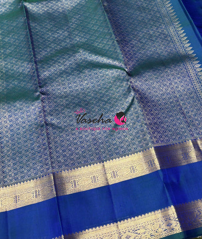 Pure Kanchipuram Silk Saree - Vairavoosi Design  - Peacock Blue Shade - VVPS095