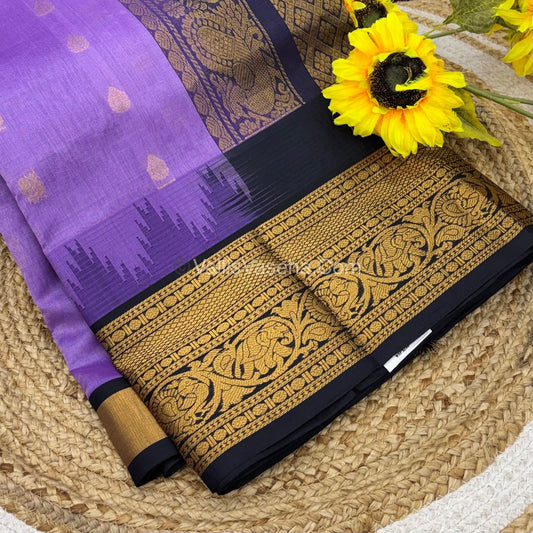 Pure Korvai Silk Cotton Saree - Purple  with Black  - VVKSC019