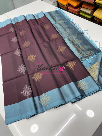 Half Mixed Soft Silk Saree - Kolam Design - Brown & Blue Shade - VVPSS077