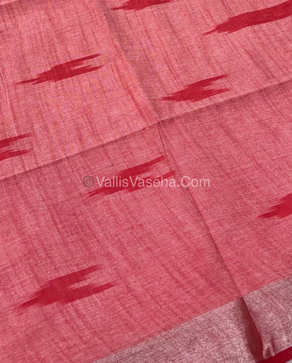 Bhagalpuri Linen Cotton Saree - Ikkat Print - Pink With Red  Shade - VVBLC001