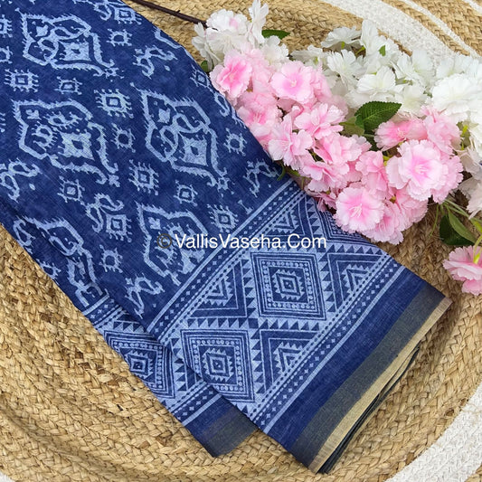 Linen Mixed Cotton Saree - Indigo Blue - Printed - VVLMP001