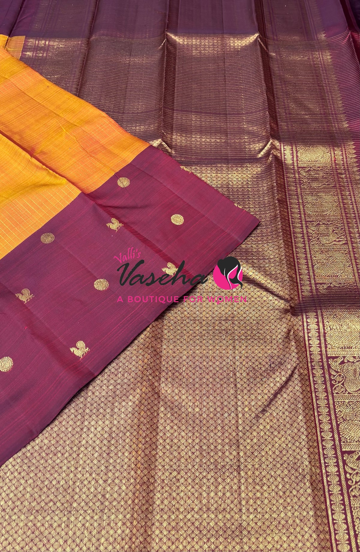 Pure Kanchipuram Silk Saree - Mango Yellow & Maroon Combo - VVPS027