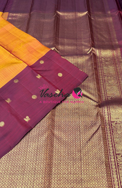 Pure Kanchipuram Silk Saree - Mango Yellow & Maroon Combo - VVPS027