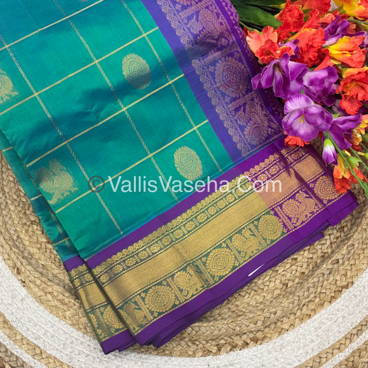 Pure Silk Cotton Saree - Mayil & Chakkaram Design - Double Tone Greenish Blue With Purple Shade - VVMC001