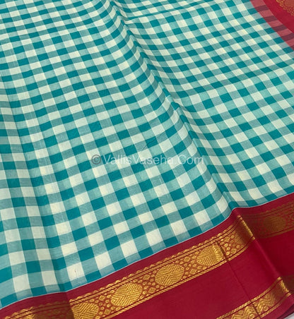Pure Korvai Silk Cotton With Retta Petta Border - White & Bluish Green kattam pattern with Red  - VVKSC003