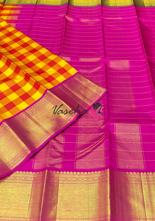 Pure Vintage Korvai Kanchipuram Silk Saree - Pazhum Pazhamum Checks - VVPS061