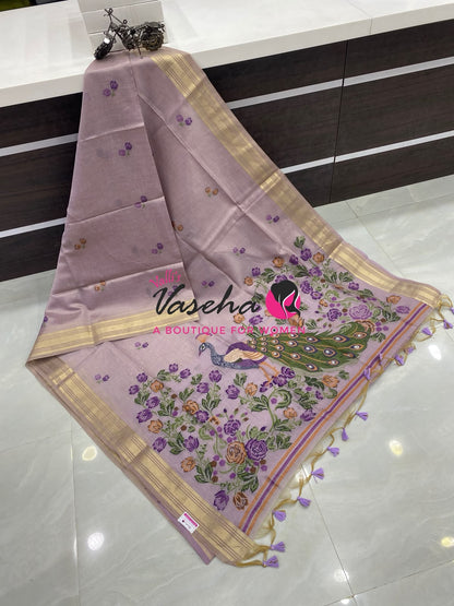 Muga Tissue Linen Saree - Lavender Shade - VVMLT001