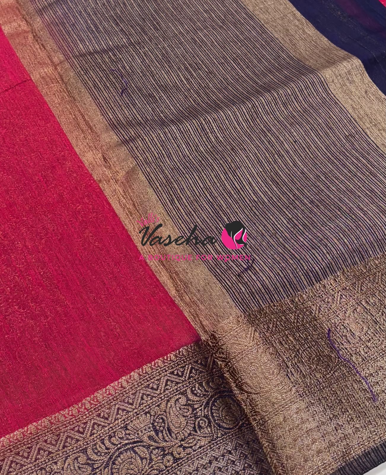 Bamboo Silk Saree - Pink With Blue  - VVBSS019