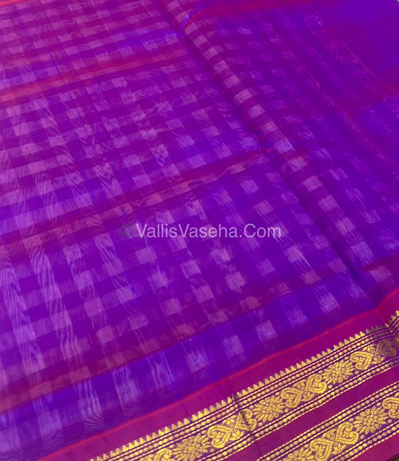 Pure Korvai Silk Cotton With Retta Petta Border -Black & White kattam pattern with Purple Combo - VVKSC003
