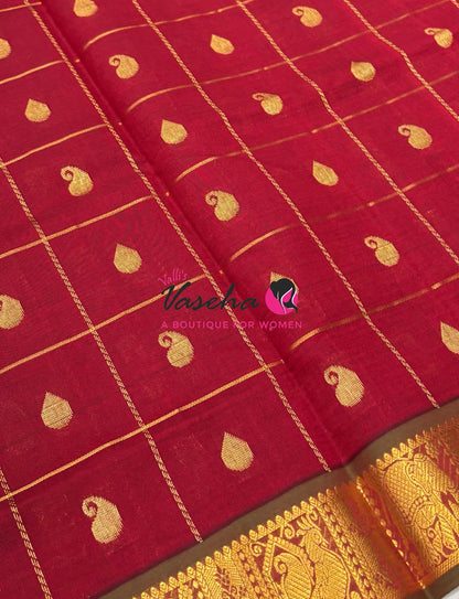 Semi Silk Cotton Saree - Checked Pattern with Butta  - VVSSC013