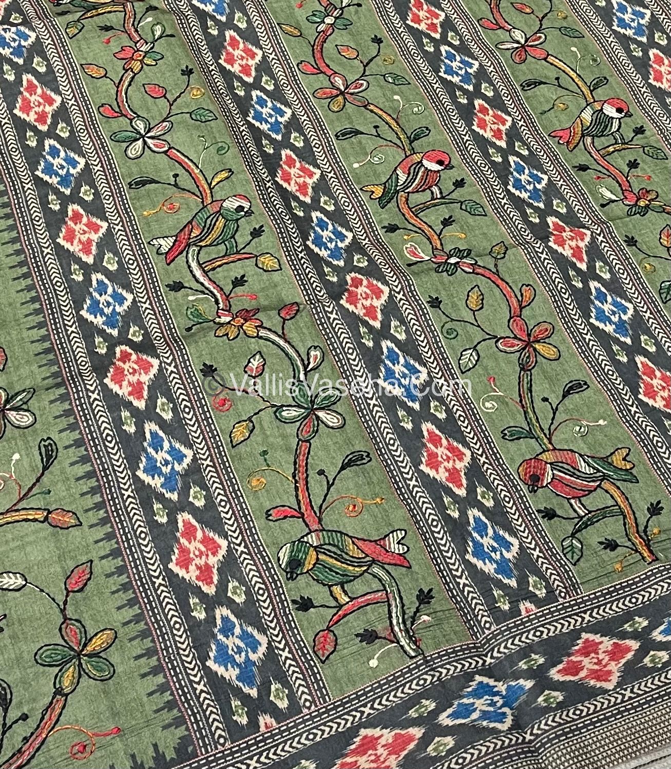 Semi Tussar - Kantha Work Embroidery - Green Shade - VVSTK001