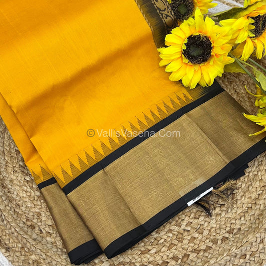Pure Korvai Silk Cotton Saree - Yellow With Black Shade Temple border - VVKSC001