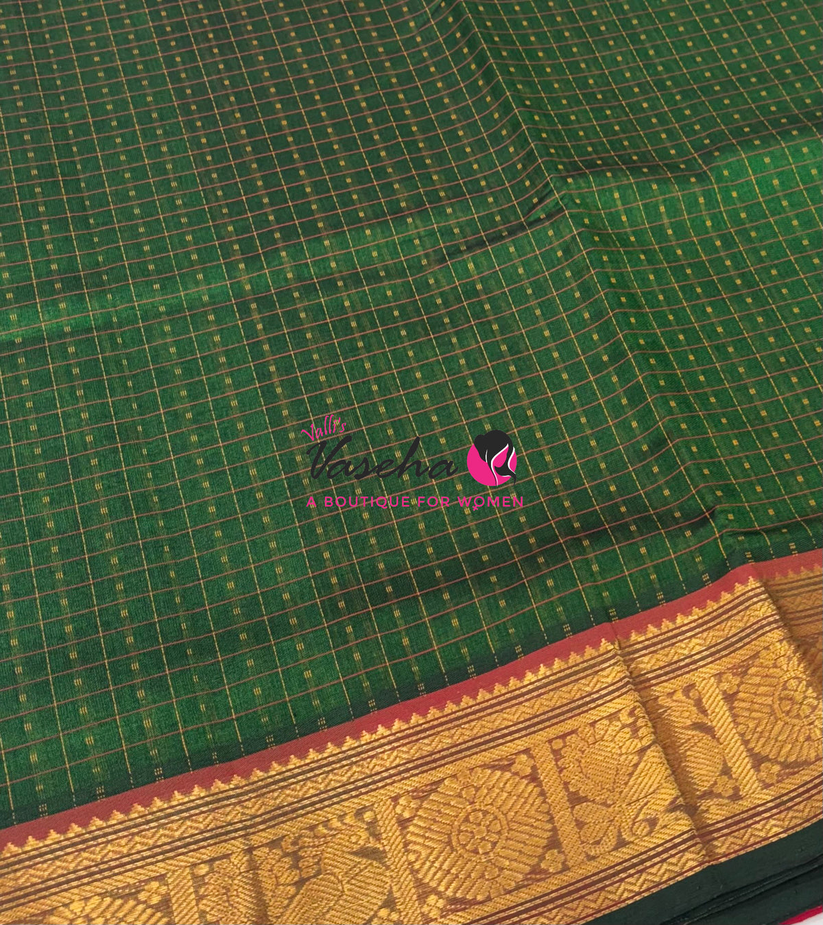 Pure Silk Cotton Saree - Green With Red Shade - Lakshadeepam Design - VVPLD001