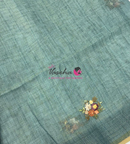 French Knot - Linen Tissue Saree - Blue Shade - VVLFN018